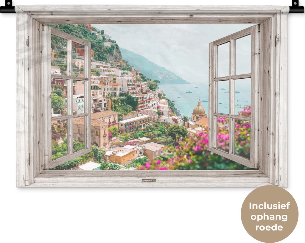 MuchoWow Wandteppich Wandbehang Ausblick - Italien - Blumen - Meer - Küste - Stadt - Berge 60x40 cm Tapisserie Dekoration Wandtuch - Wanddekorat...