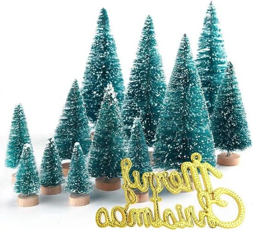 Sapins de Noël miniatures givrés en plastique et sisal - Déco de table