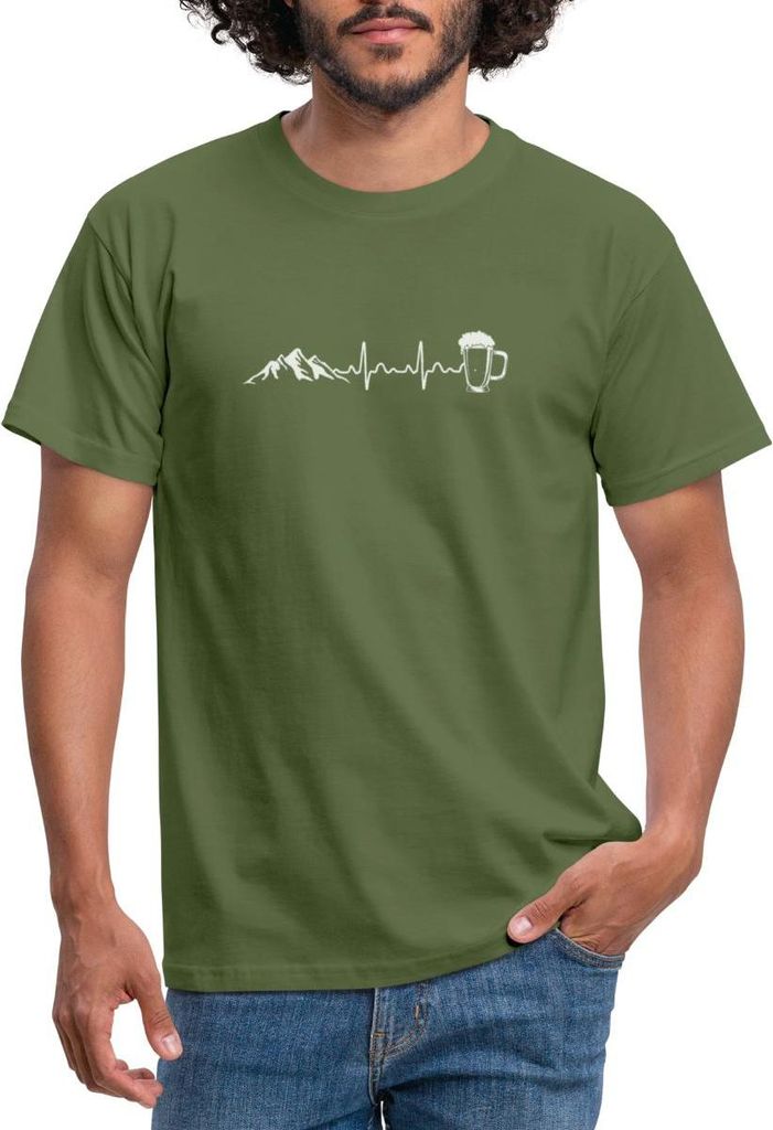 Spreadshirt Herzschlag Berge Bier Puls EKG Männer T-Shirt, XL, Militärgrün