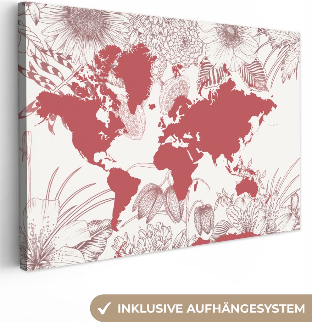 OneMillionCanvasses - Leinwandbilder - 150x100 cm, Weltkarte - Rosa - Weiß, Wandbilder Kunstdruck Wanddekoration