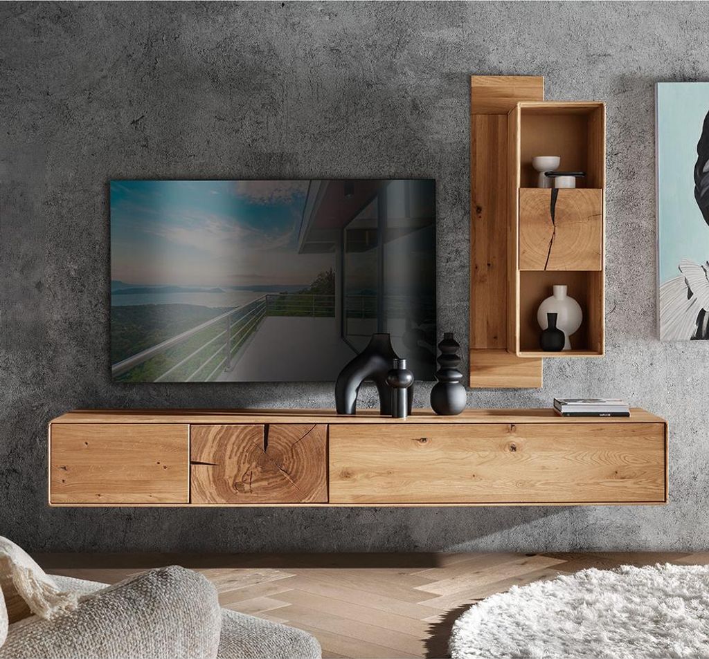Wohnwand Set in Eiche massiv mit Lowboard & Wandregal, 2-teilig - WESTON-69