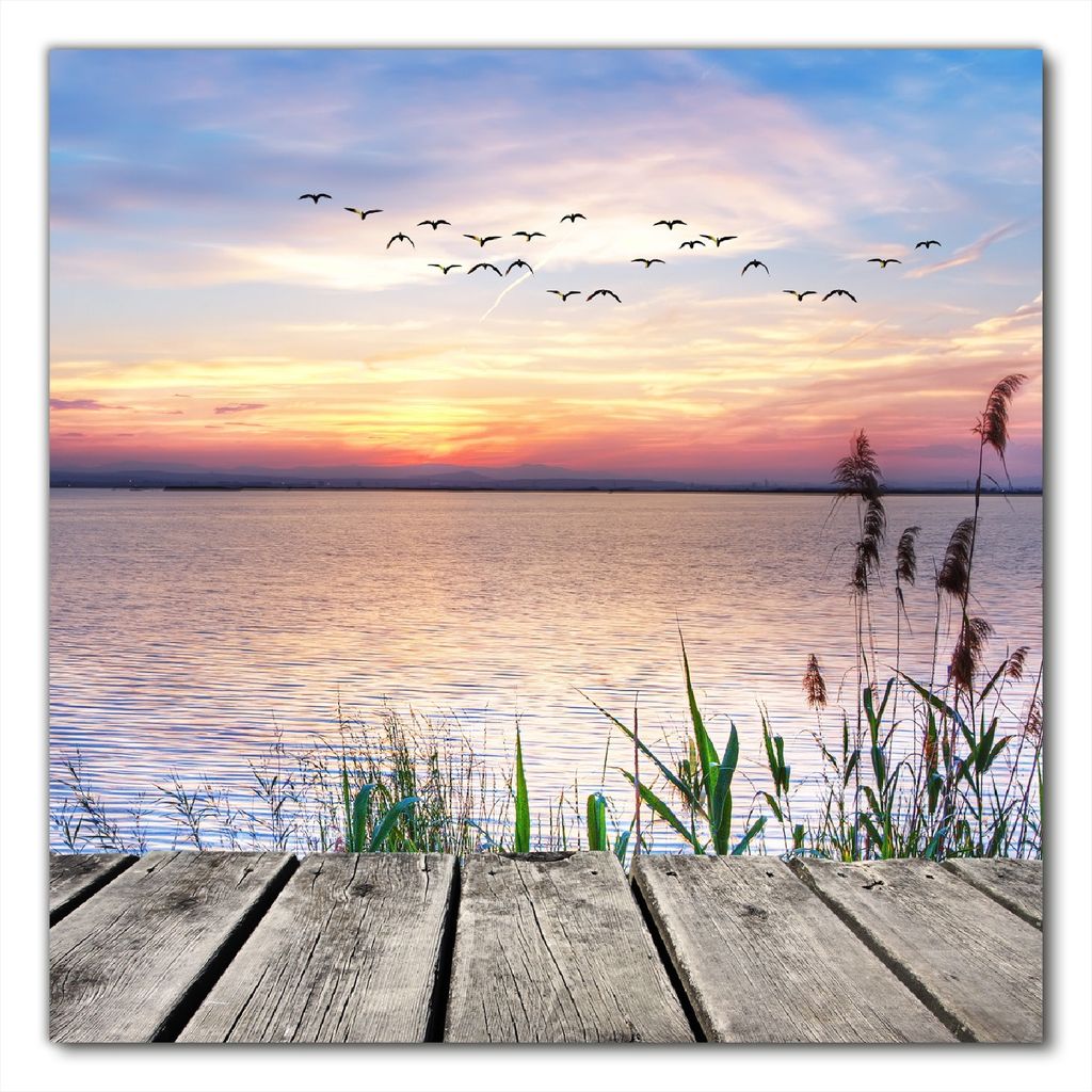 Wallario selbstklebende Möbelfolie/ Tischdecke für Innen und Außen, Größe: 100 x 100 cm - Seepanorama mit Schilf und fliegenden Vögeln