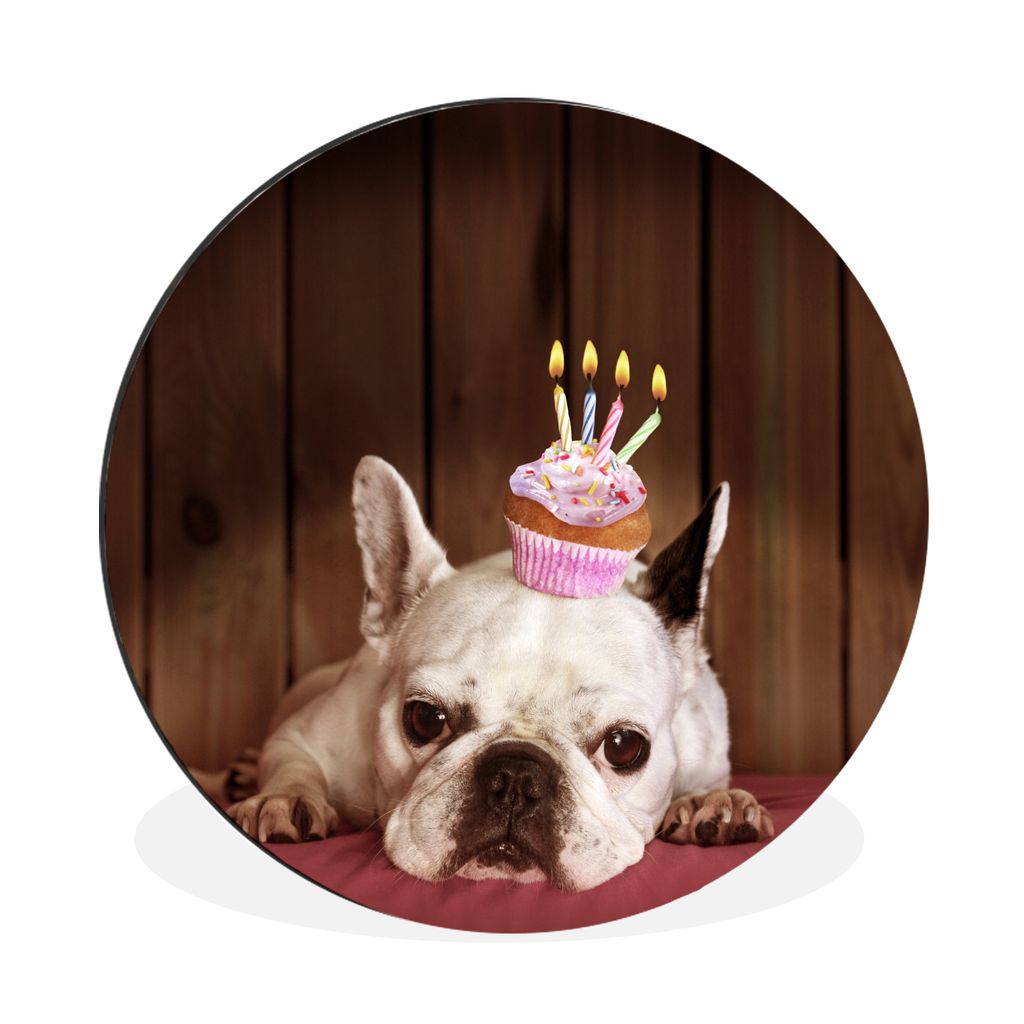 MuchoWow Aluminium Wandkreis Französische Bulldogge - Cupcake - Kerzen Ø 90 cm Wanddeko Modern Wohnzimmer - Mauerkreis - Wandbilder - Runde Bil...