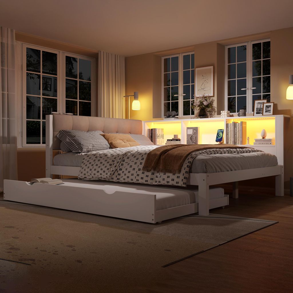 Multifunktionales Daybed mit Ausziehbett, dimmbarer LED-Beleuchtung, USB-Anschluss & praktischem Regal. Massivkiefer, weiß, 140x200 cm