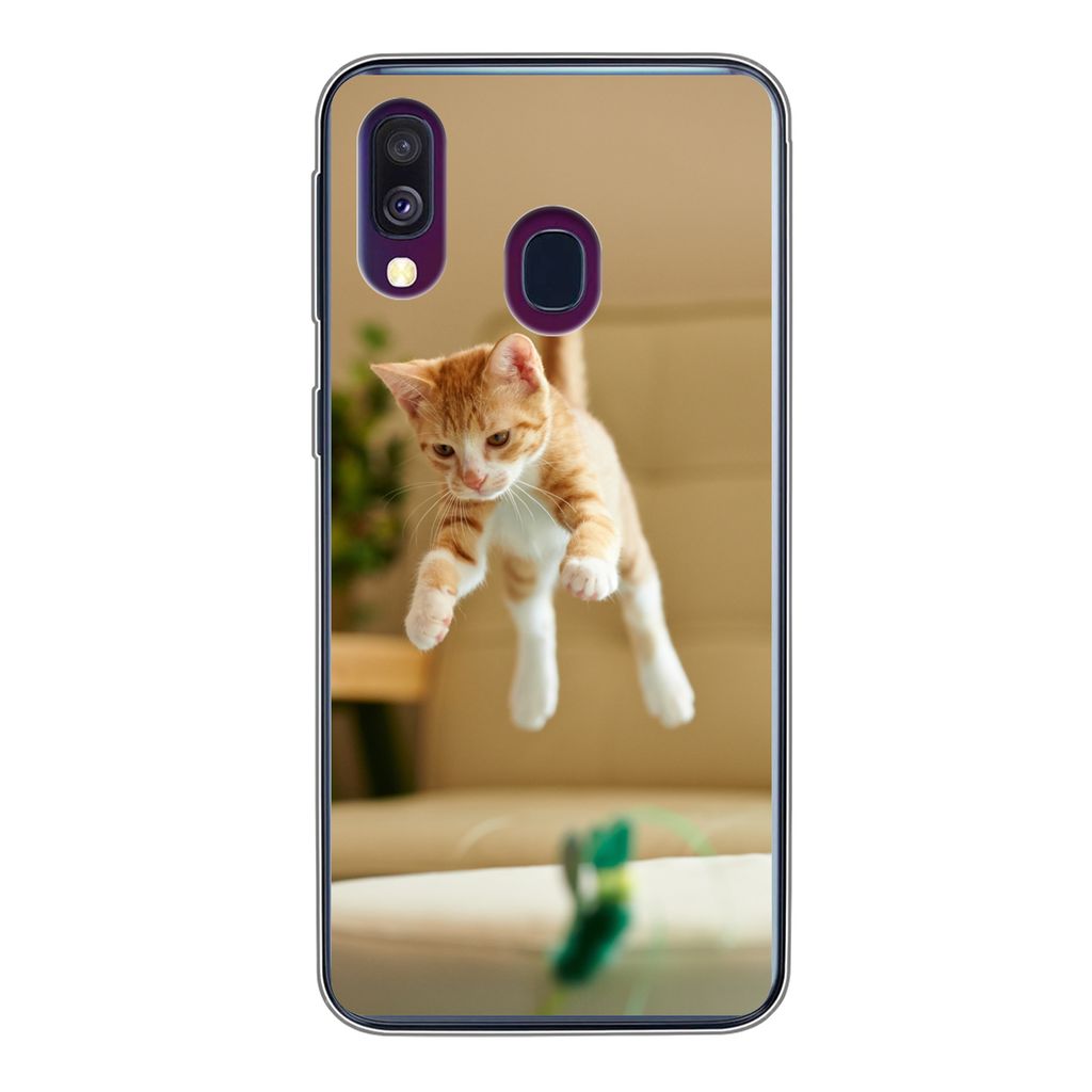 MuchoWow Handyhülle Schutzhülle Hülle für Samsung Galaxy A40 Katze - Springen - Spielzeug Silikon Softcase Handy Hülle - Handy-Tasche