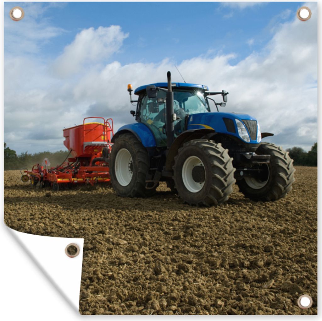 MuchoWow 50x50 cm Outdoor-Poster Gartendeko Sichtschutz Garten Poster für den Garten Traktor - Blau - Landleben - Wolken
