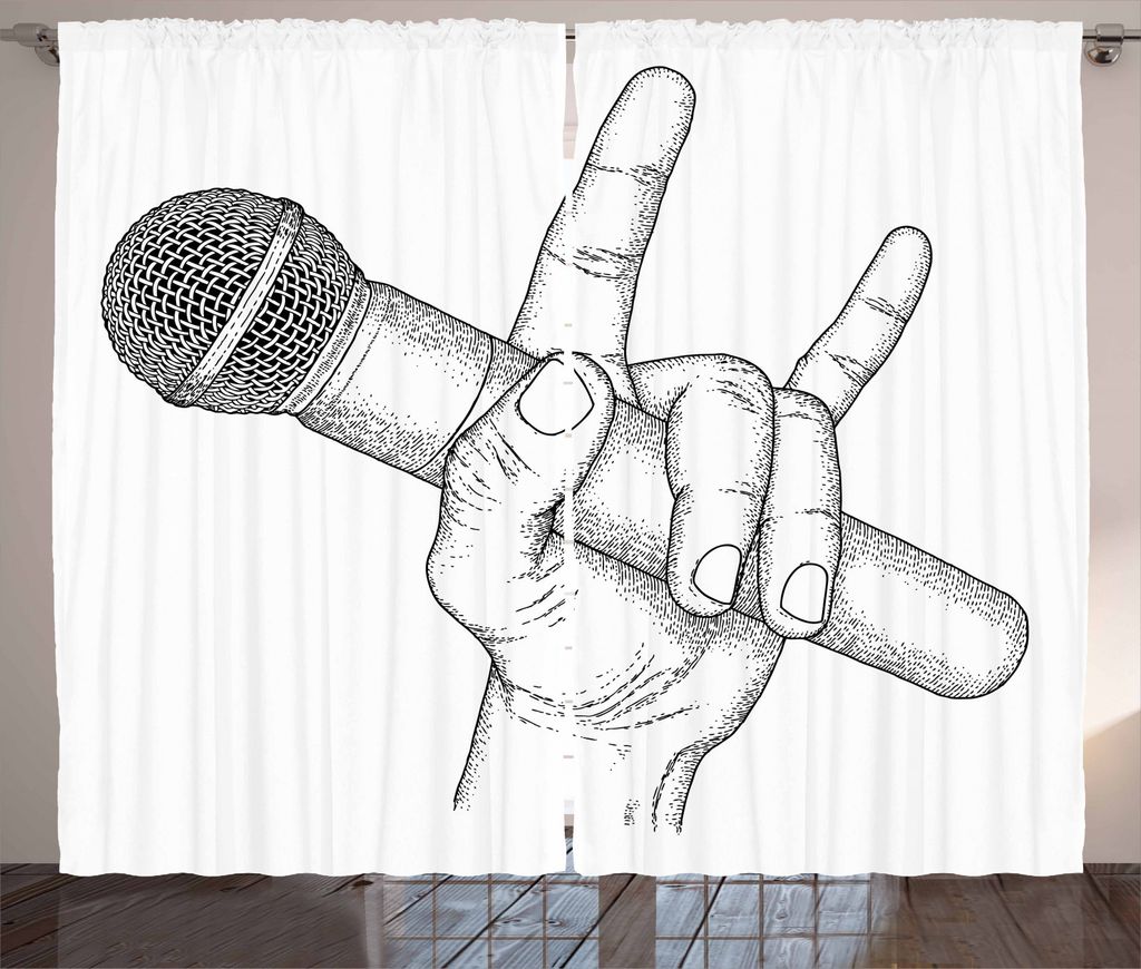 ABAKUHAUS Popstar-Party Rustikaler Gardine, Rock High Sign, Schlafzimmer Kräuselband Vorhang mit Schlaufen und Haken, 280 x 245 cm, Schwarz und weiß