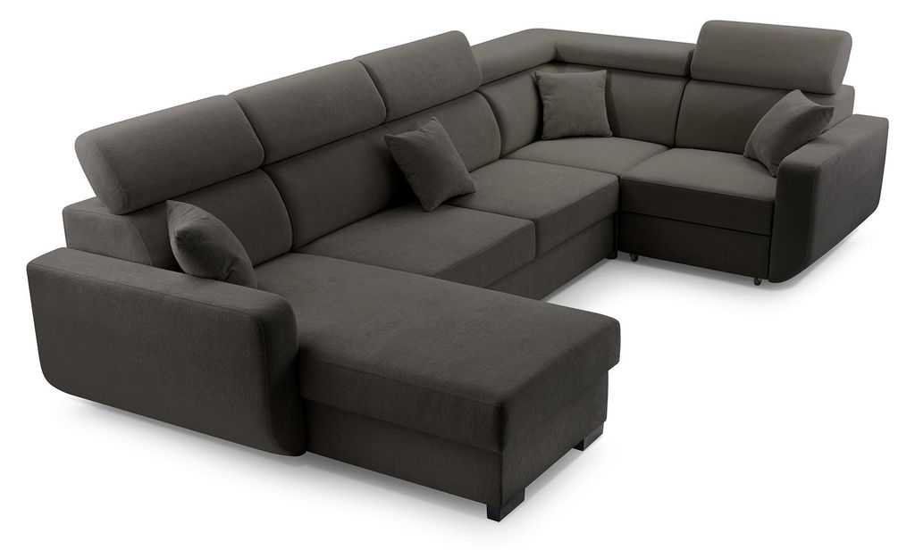 Masseno Ecksofa CASTELLO mit Schlaffunktion U-Form, Sofa mit Bettkasten, Wohnzimmersofa, Couch, Soffa, Bettsofa, Couchgarnitur- Grau, VELO 636