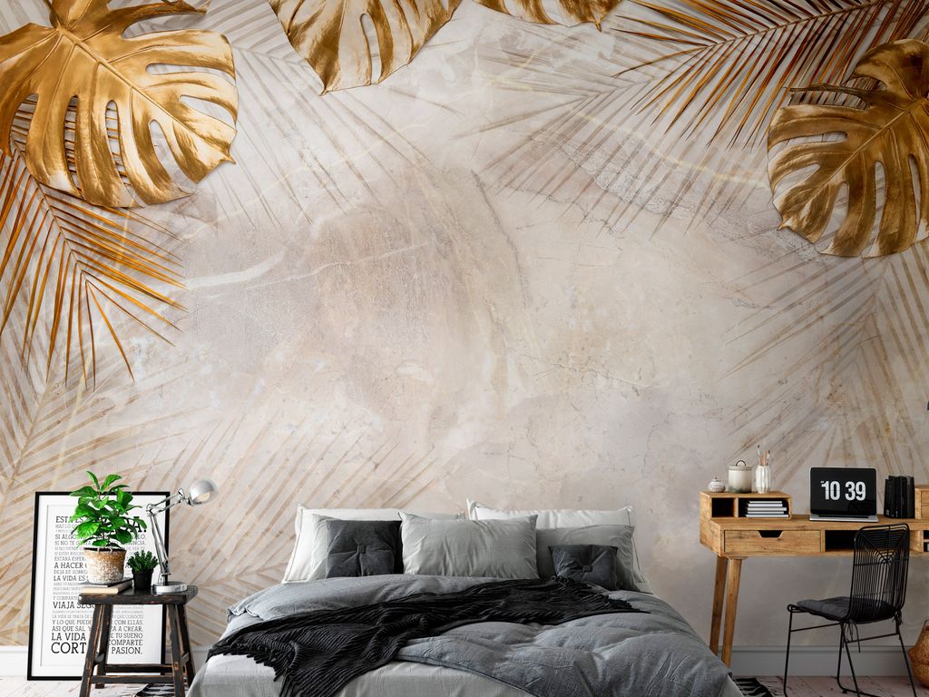 Vlies Fototapete tropische Blätter 400x280 cm Tapeten Wandtapete XXL Monstera Palmenblätter golden b-C-0788-a-a