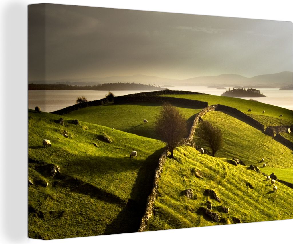 OneMillionCanvasses - Leinwandbilder - 140x90 cm, Steinmauern in der irischen Landschaft, Wandbilder Kunstdruck Wanddekoration