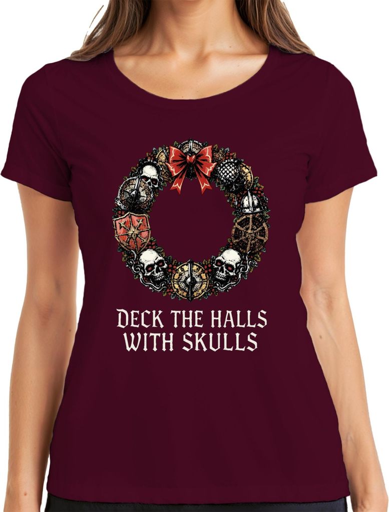 Deck The Halls With Skulls Totenkopf Weihnachtskranz düster Damen T-Shirt, Burgundy, L
