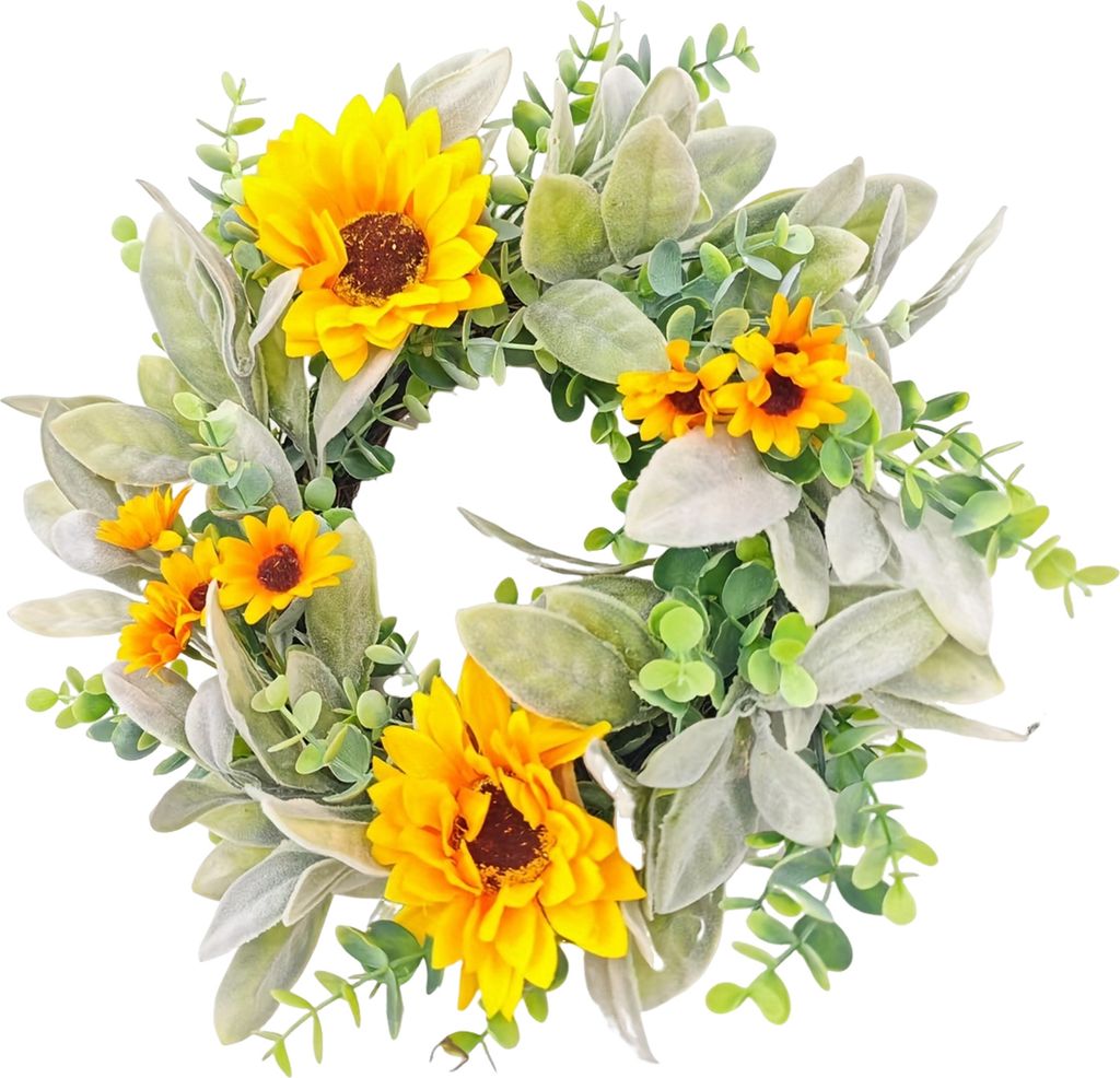 Künstlicher Sonnenblumenkranz, 30 cm, rustikaler Frühlingskranz, Bauernhausdekor, Haustürkranz für Fenster, Kaminsims, Hochzeitsdekoration