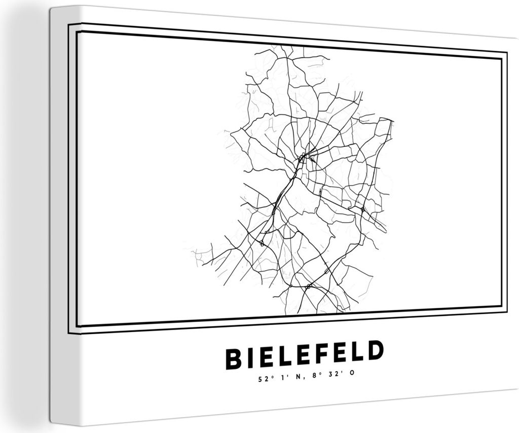 OneMillionCanvasses - Leinwandbilder - 140x90 cm, Stadtplan - Deutschland - Schwarz-weiß - Bielefeld - Karte, Wandbilder Kunstdruck Wanddekorati...