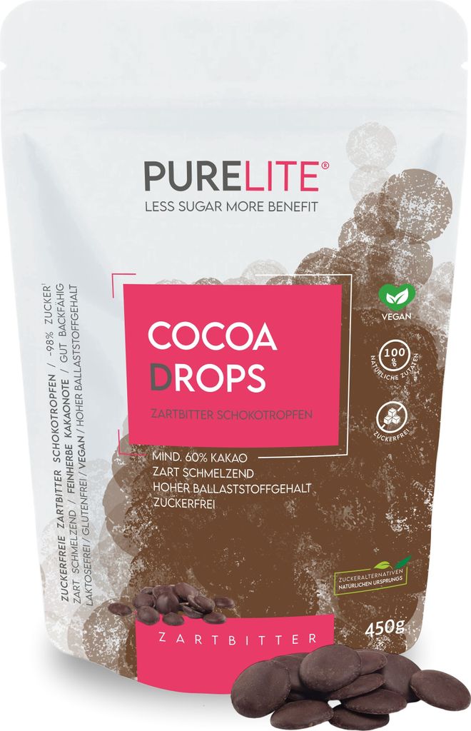 PURELITE Schoko Drops Zartbitter vegan, feinherbe große Kakao Schokodrops ohne Zucker, Erythrit & Stevia, Schoko zum Schmelzen, Kuvertüre, 450g