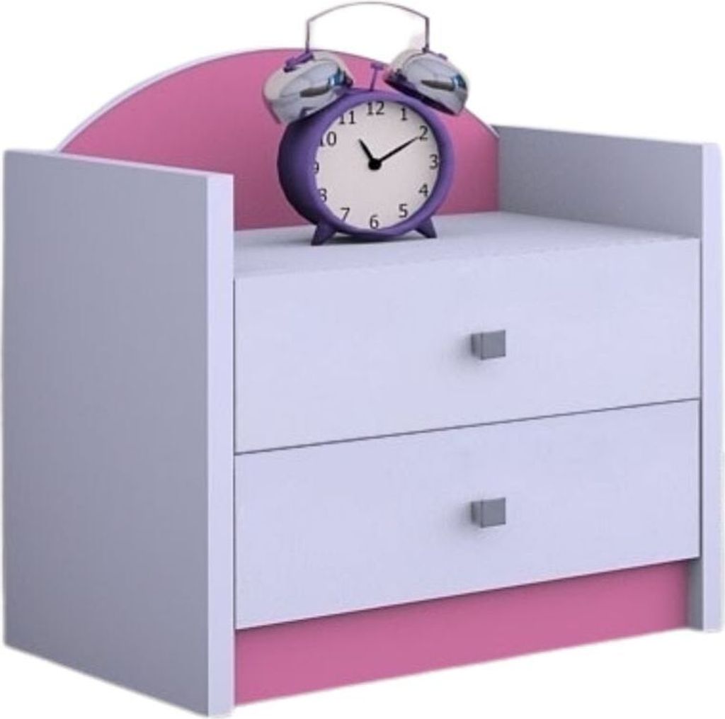 A white and pink nightstand with a purple alarm clock on top.