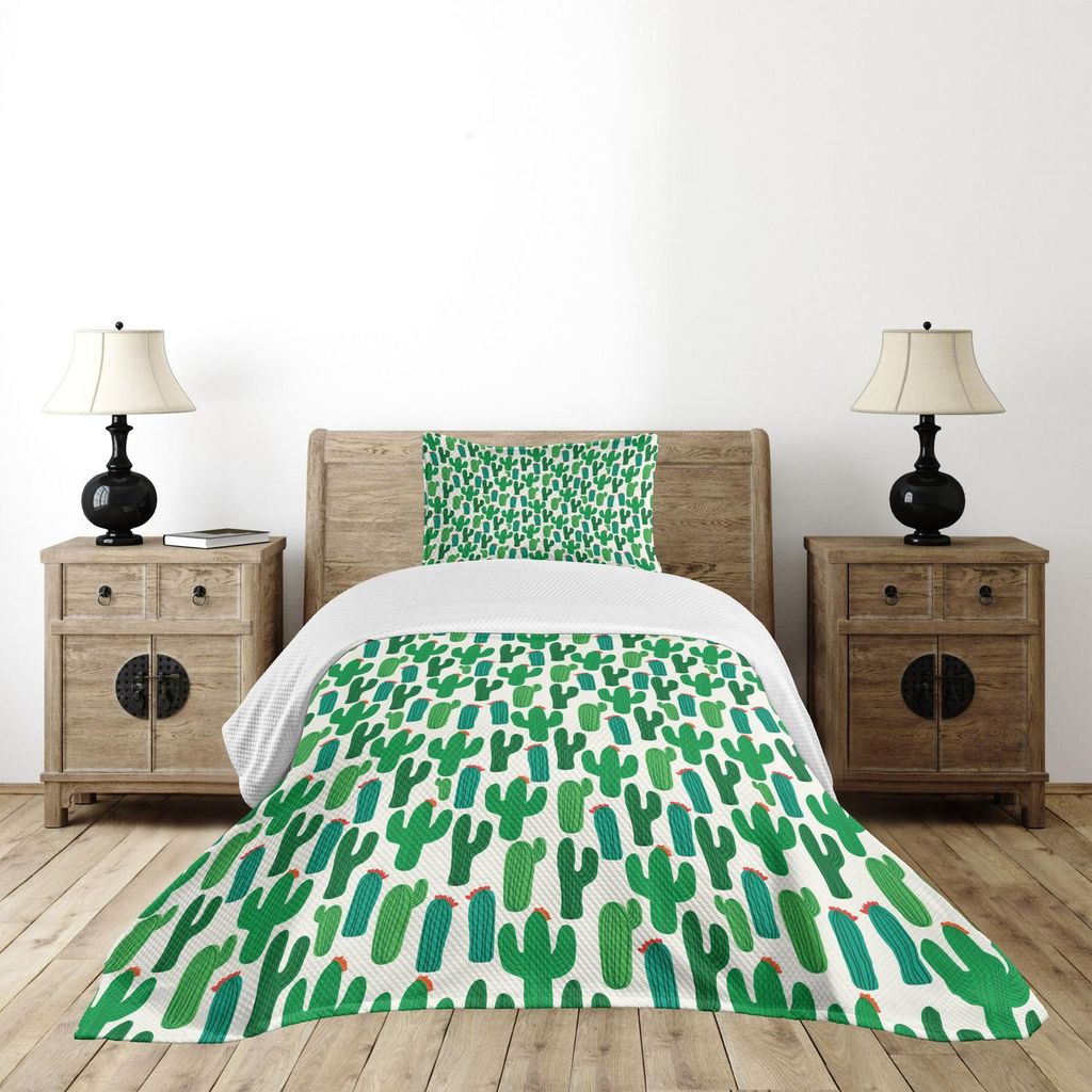 ABAKUHAUS Exotisch Tagesdecke Set, Vibrierende San Pedro-Kaktus-Laub-Klima-Wüste, die mexikanische Anlagen blüht, 170 x 220 cm, Grün Rot