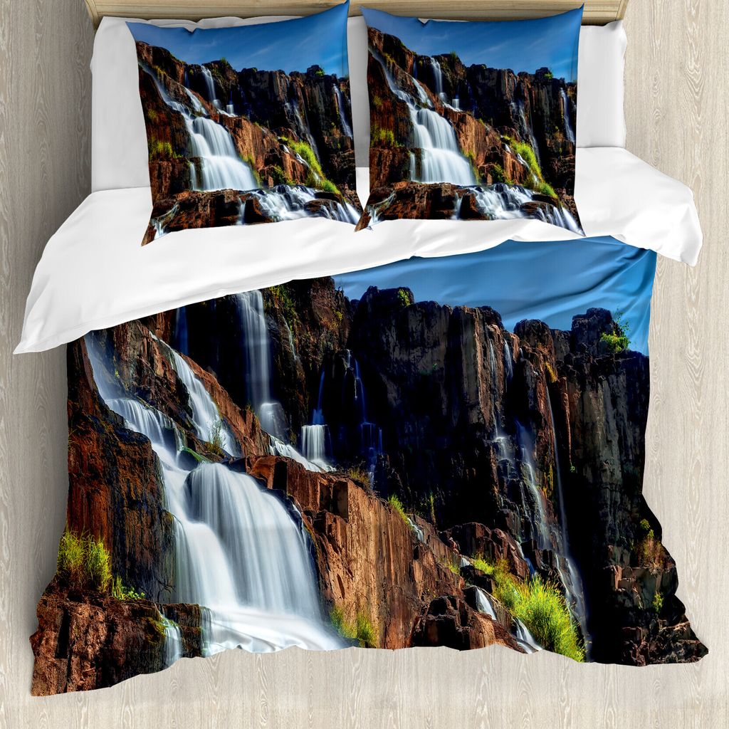 ABAKUHAUS Regenwald Bettbezugs Set Für Doppelbetten, Wasserfall Exotisch Foto, Milbensicher Allergiker geeignet mit Kissenbezügen, Mehrfarbig
