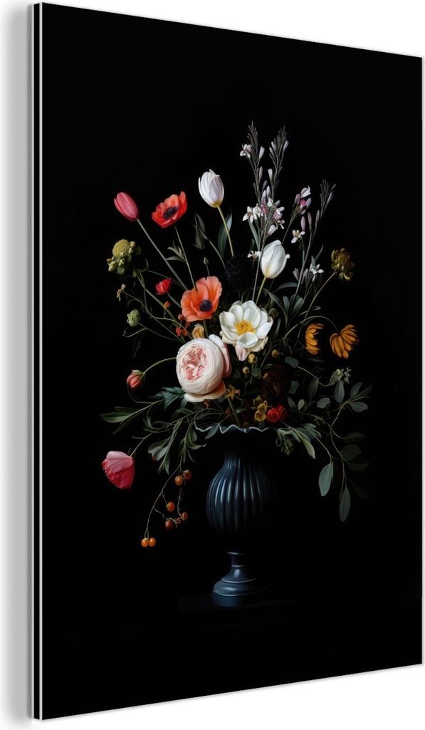MuchoWow Wanddekoration Metall Metallbild Wandkunst 60x80 cm Blumenarrangement - Vase - Schwarz MuchoWow Aluminium Gemälde - Wanddekoration Metall