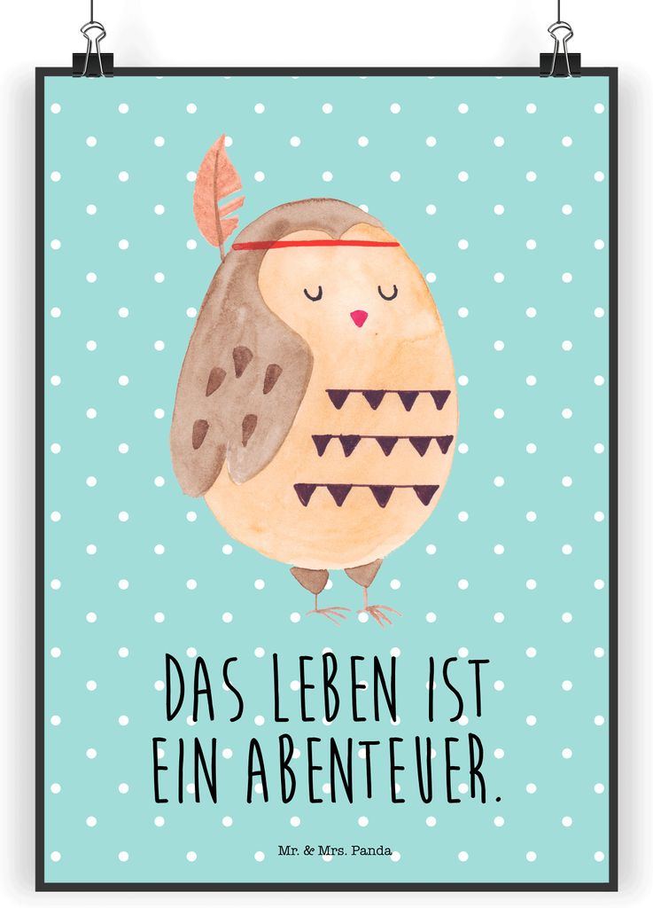 Mr. & Mrs. Panda Bild Eule Federschmuck DIN A4 - Türkis Pastell - Geschenk, Plakat, Entspannt, Dekoration, kunstdruck poster, wanddeko, Owl, Abent...