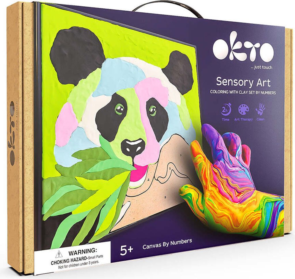 The image shows the packaging of a sensory art kit featuring a panda design.