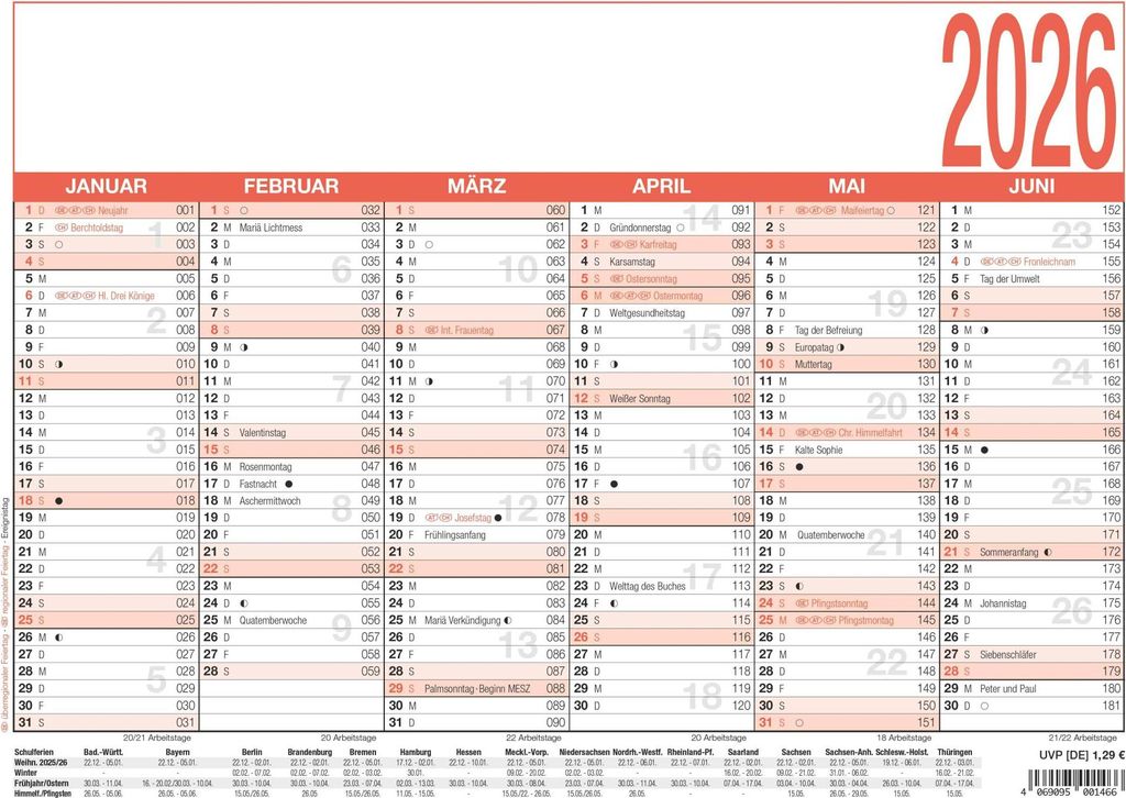 A calendar for the year 2026, showing the first six months on a single page.