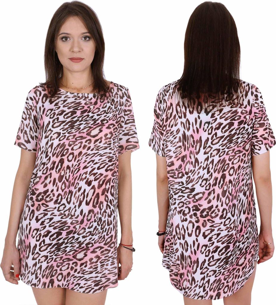Sommerliches, kurzes Kleid – lockere Oversize-Tunika mit rosa Leopardenmuster und kurzen Ärmeln M