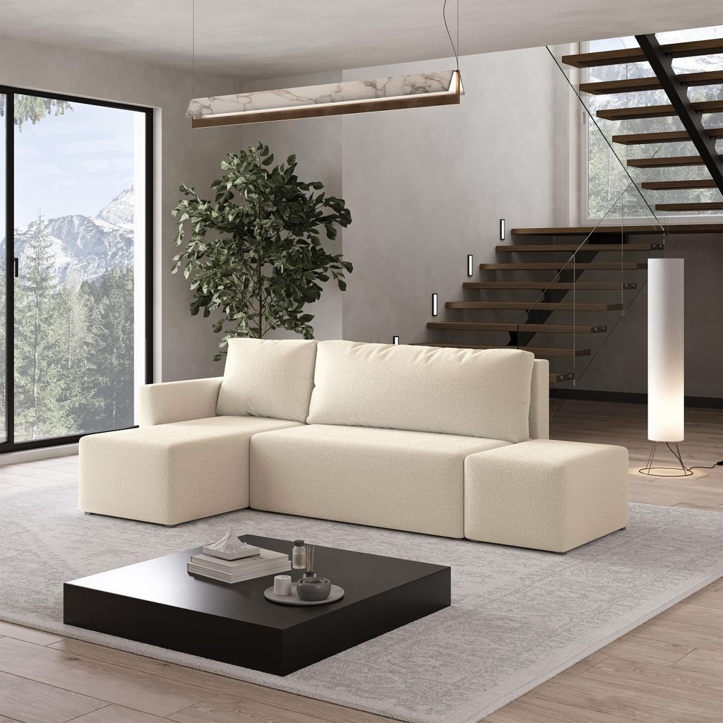 Masseno Ecksofa VELOTTI L-S mit Schlaffunktion L-Form, Sofa mit Bettkasten, Wohnzimmersofa, Couch, Soffa, Bettsofa, Couchgarnitur- Creme, QUELLE 02