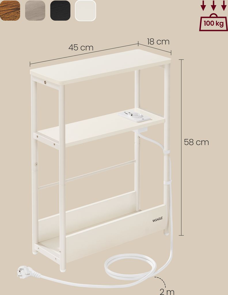 A diagram of a narrow side table with dimensions and load capacity indicated.