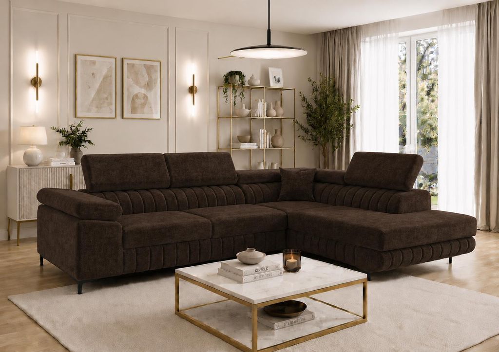 Letano Milano Ecksofa mit Schlaffunktion und Bettkasten, Wohnlandschaft L-Form, Couch Velours fleckgeschützt, MONOLITH 29, Braun