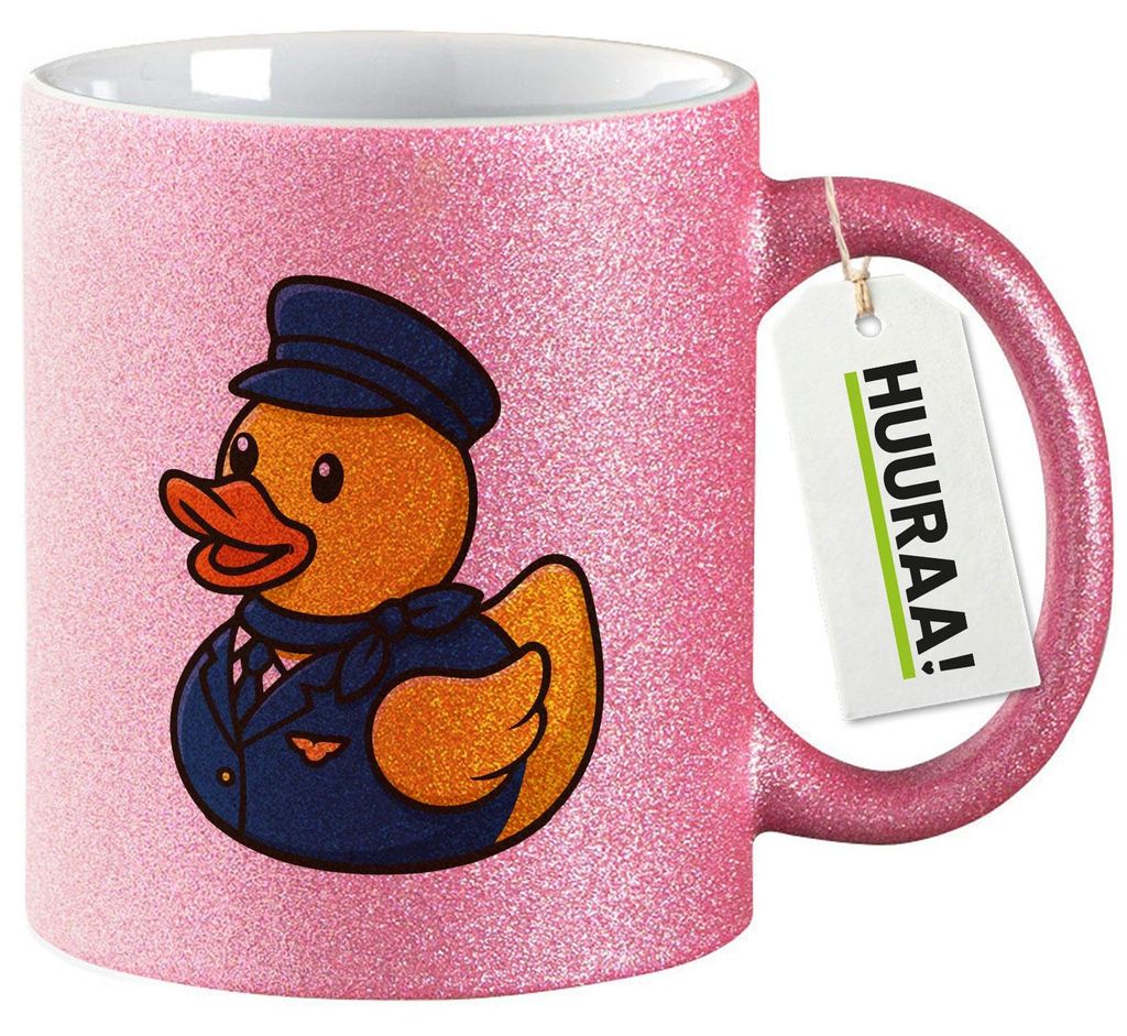 Huuraa Glitzertasse Quietscheente Stewardess Gummiente Flugbegleiterin 330ml Pink Keramik Kaffeebecher Geschenkidee