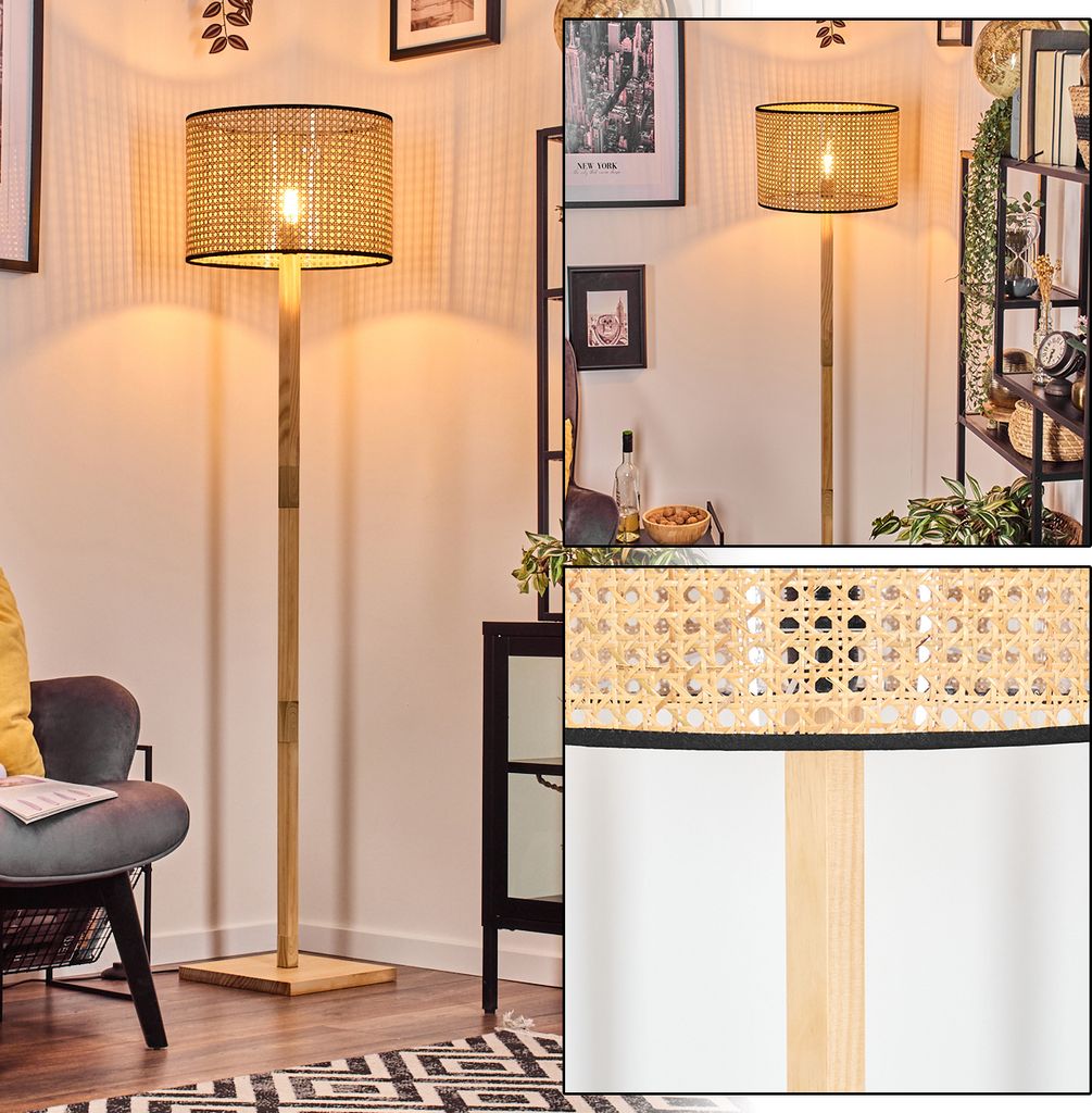 Casalina Stehlampe mit Holzfuß und Schirm aus Rattan/Wienergeflecht
