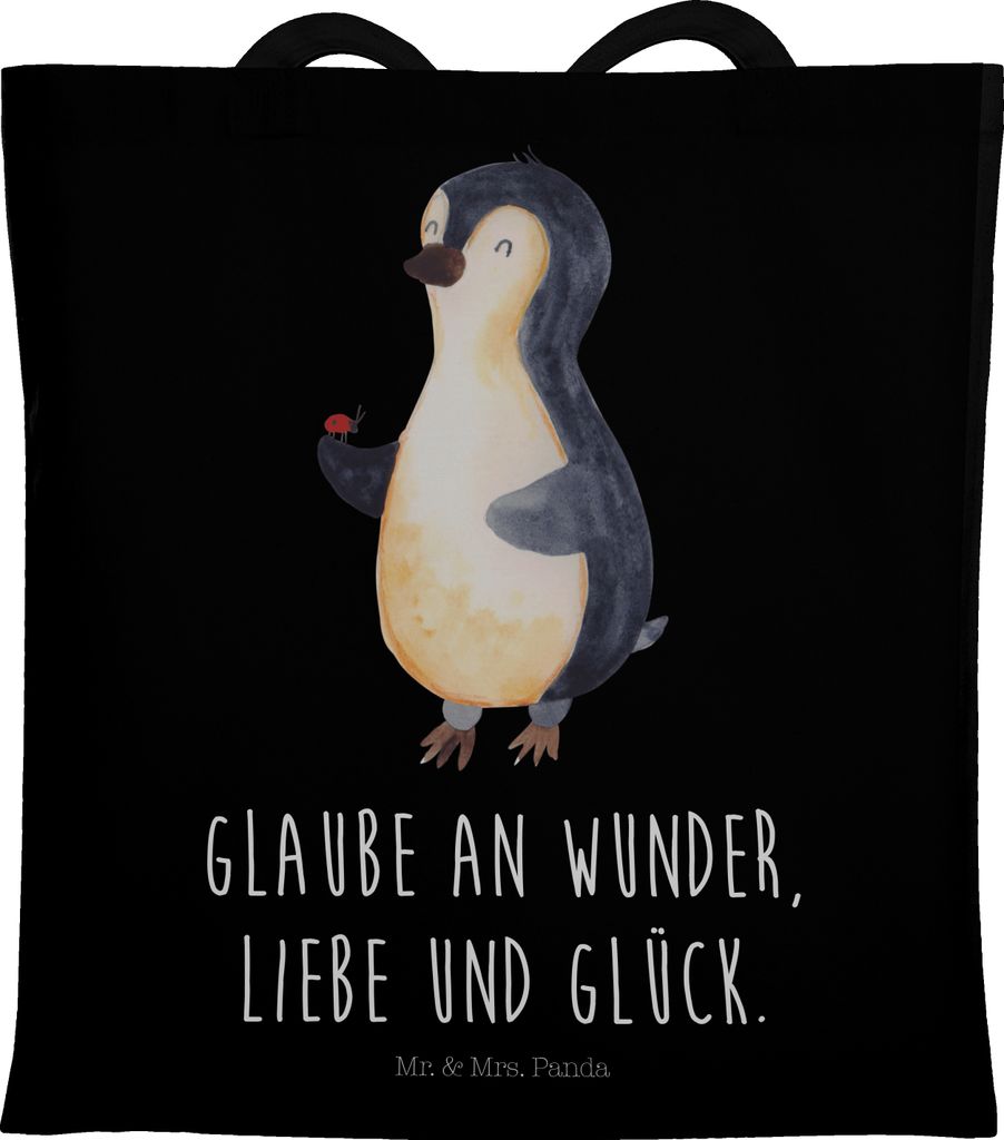 Mr. & Mrs. Panda totebag Pinguin Marienkäfer - Schwarz - Geschenk, Büchertasche, Tasche, Jutebeutel, Aufmerksam, canvas, Liebe, Wunder, Kleine, S...