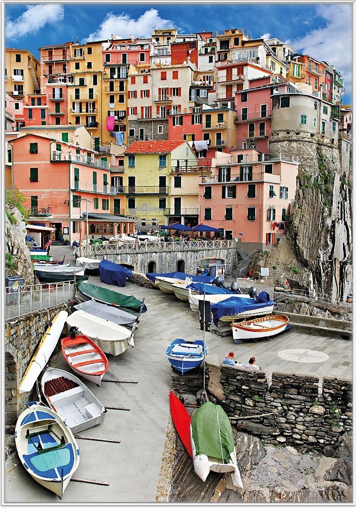 Wallario Wandbild Bunter Hafen in Italien, Größe: 70,30 x 100,30 cm, Poster mit weißem Kunststoffrahmen