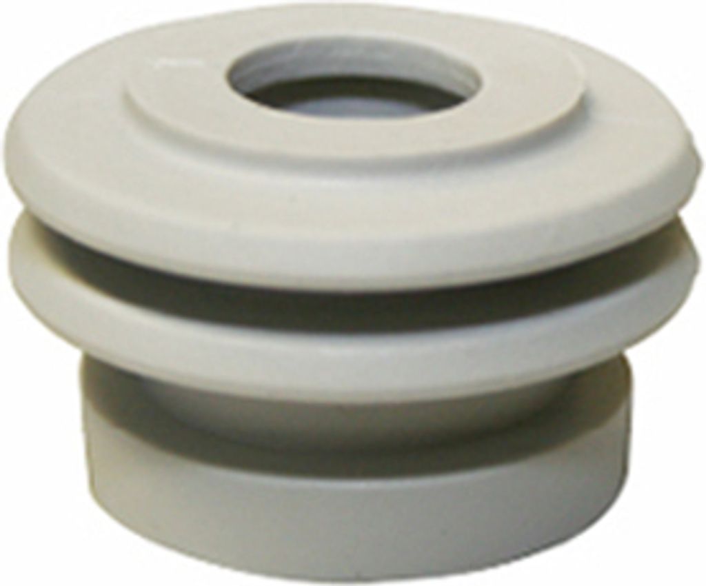 A close-up studio shot of a gray urinal connector.