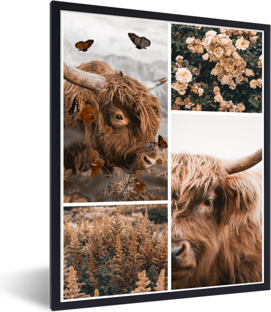 MuchoWow Gerahmtes Poster Schottischer Hochländer - Schmetterling - Blumen 30x40 cm - Poster mit Schwarzem Bilderrahmen Wandposter Rahmen Foto B...