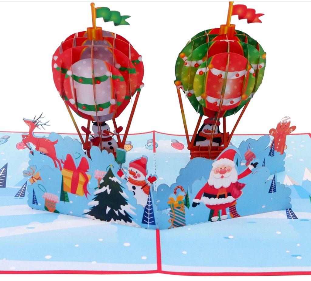 3D Pop-Up-Grußkarten - Weihnachtsballons mit Santa Claus, Rentier, Geschenken, Weihnachtskarten für Familienmitglieder