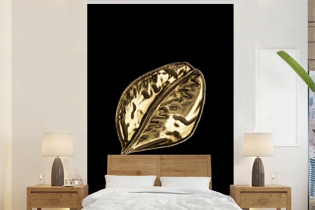 MuchoWow Fototapete für Wohnzimmer oder Schlafzimmer Wandtapete Vinyl Motivtapete Blatt - Schwarz und Gold - Pflanze - 225x350 cm - Schlafzimmer...