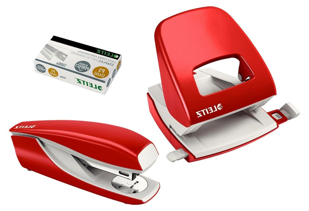 Metall Bürolocher für 30 Blatt, Anschlagschiene mit Formatangaben, Ergonomisches Design (Rot, Komplett-Set)