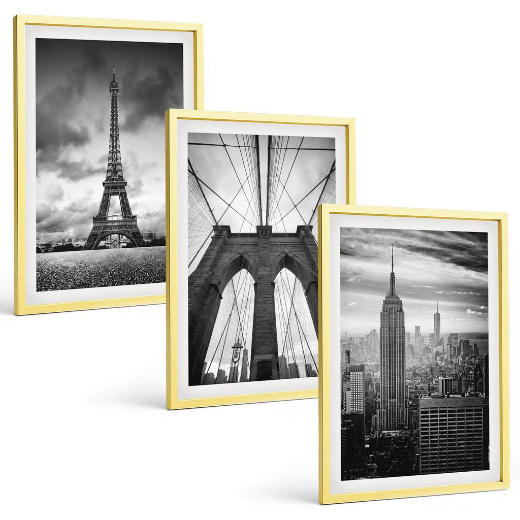 Bilder Set 3-teilig im Goldrahmen Rahmen – Wandbilder 3 Stück – gerahmte Poster für Wohnzimmer, Schlafzimmer und Flur – 40x60 cm – Monoch...