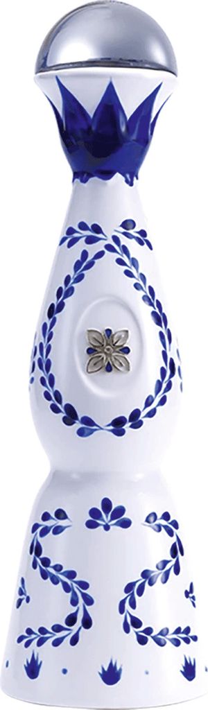 A white ceramic bottle with blue floral decorations and a silver cap.