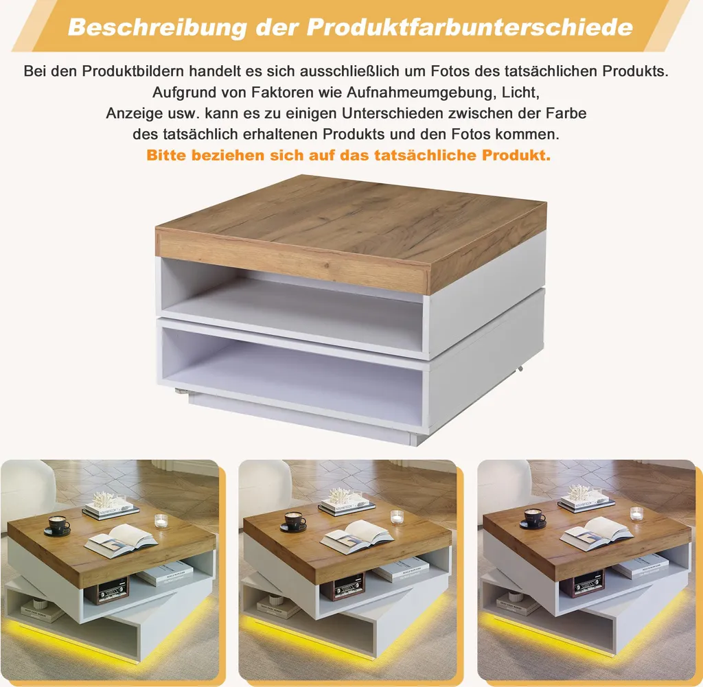 Table basse LED 65x65 chêne blanc pour petit salon - Pivotante