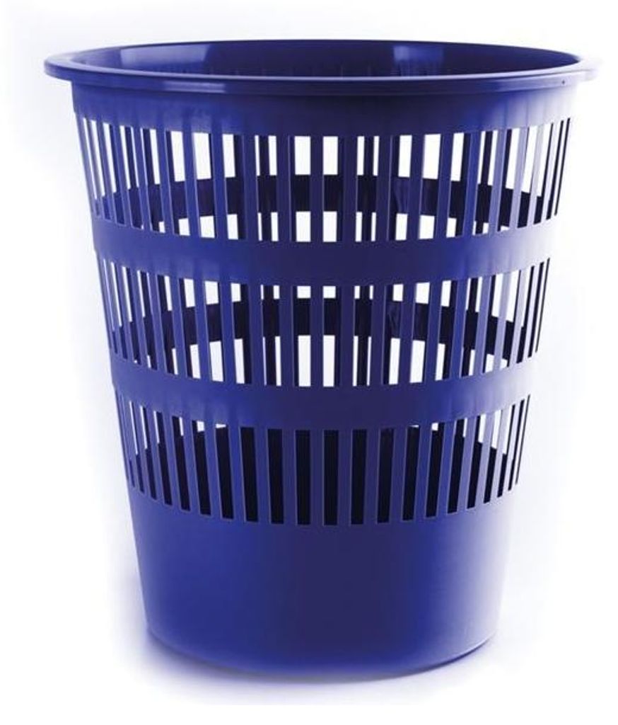 A blue plastic waste bin with a slatted design.