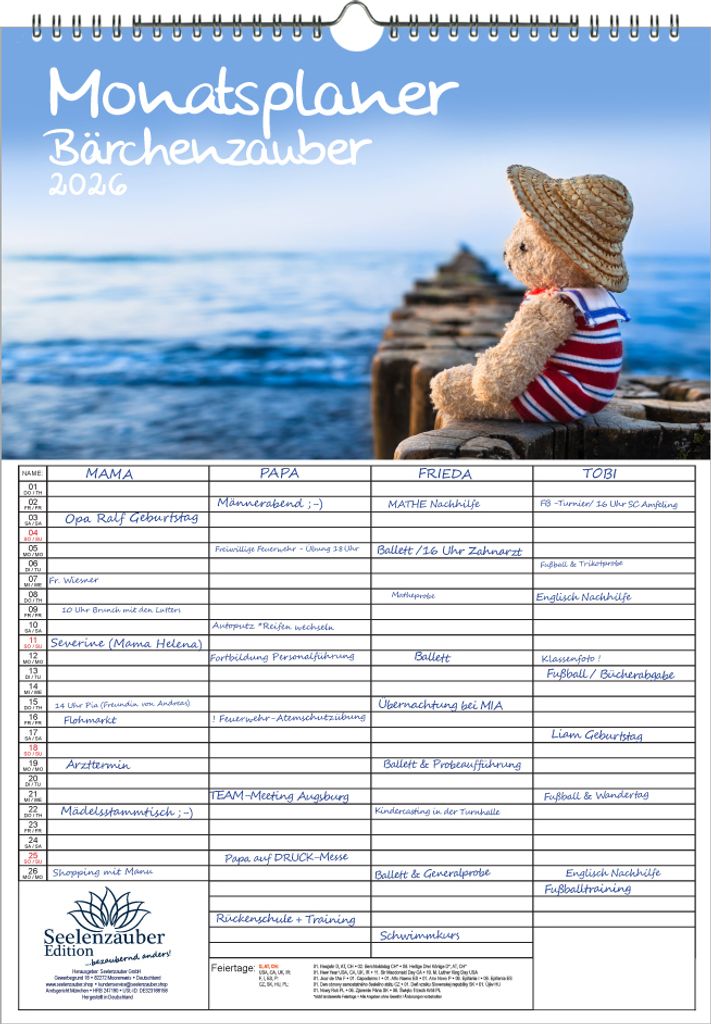 Bärchenzauber Planer Familienplaner 4 Spaltenplaner DIN A3 Kalender für 2026 Teddy und Bärchen - Seelenzauber