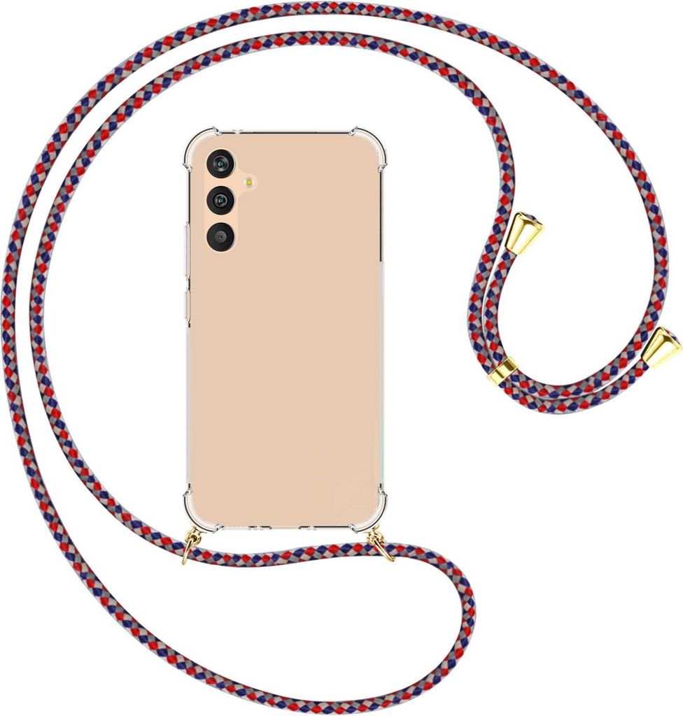 Handykette Backcover-Schutzhülle mit Band (Metall goldfarben) für Samsung Galaxy A34 5G - silber/blau/rot