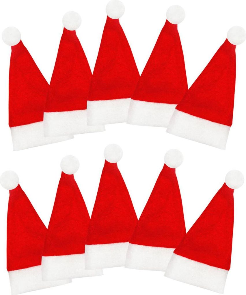 A collection of red and white Santa hats arranged in two rows against a white background.