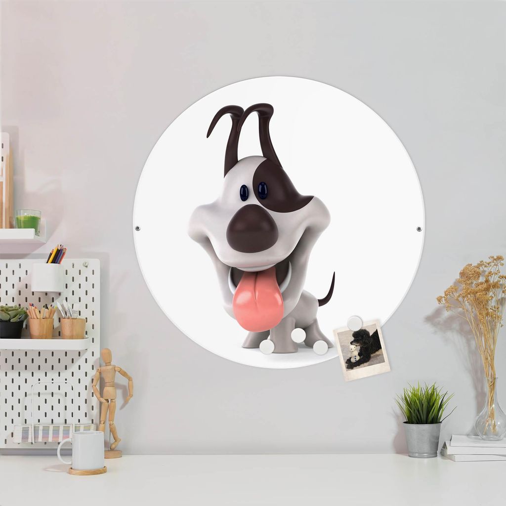 Design Stahlmagnettafel Weiß Rund 47cm Comic-Hund