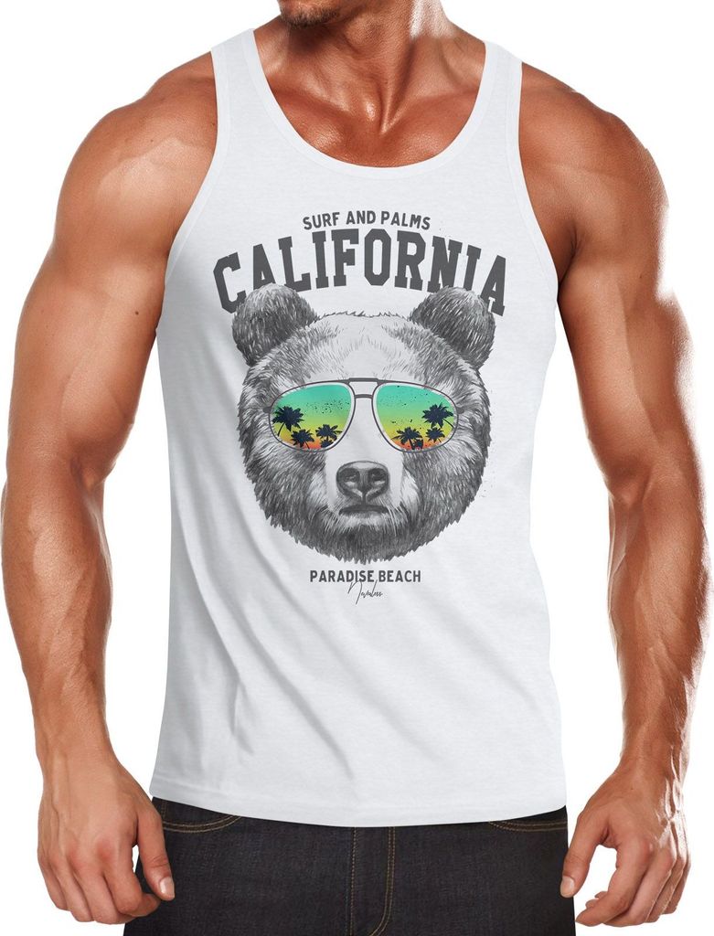 Herren Tank-Top Löwe Bär Sonnenbrille Palmen Summer California Muskelshirt Muscle Shirt Neverless Bear weiß 3XL