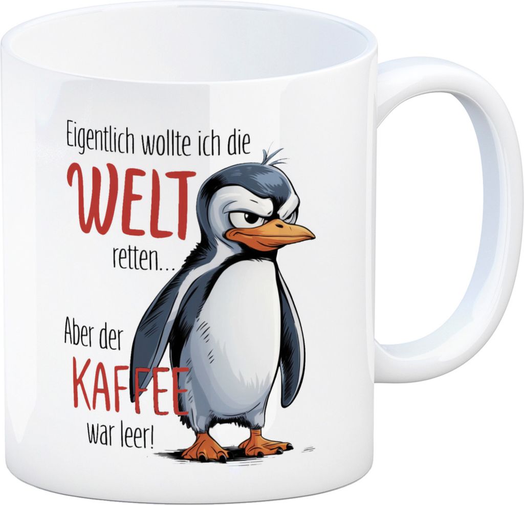Cartoon-Pinguin Welt retten Kaffee leer Kaffeebecher