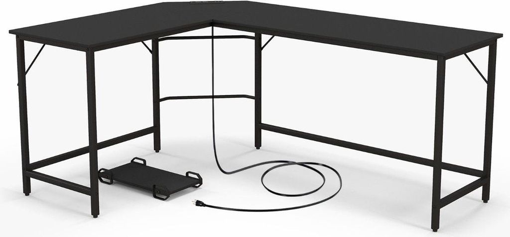 L-förmiger Computertisch mit Steckdose & CPU-Ständer & Robustem Metallrahmen Eckschreibtisch Schwarz