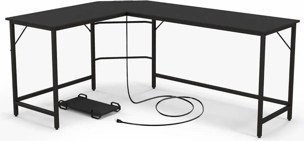 Bureau d'angle anti-encombrement avec prises et support CPU métal noir
